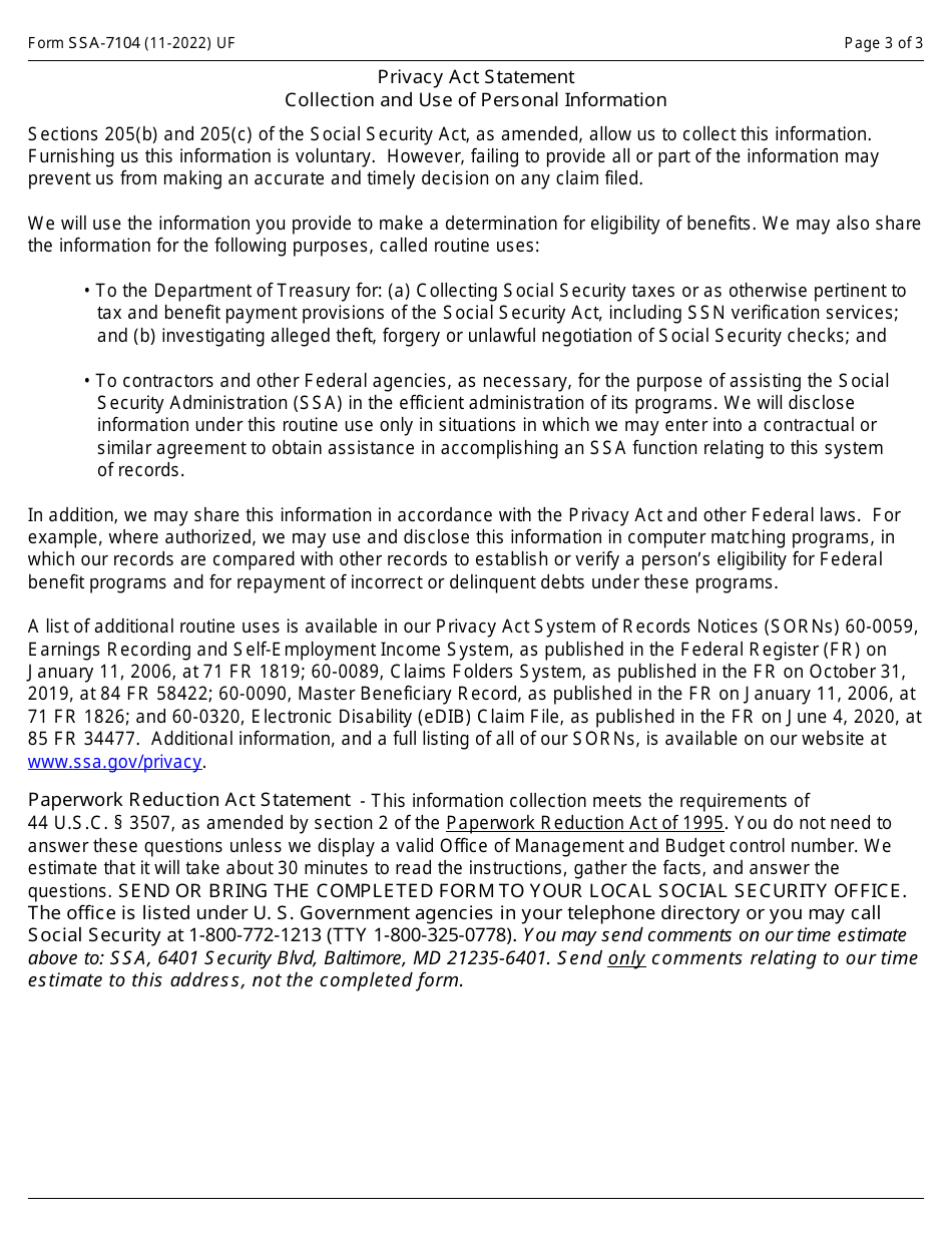 Form SSA-7104 Partnership Questionnaire, Page 3
