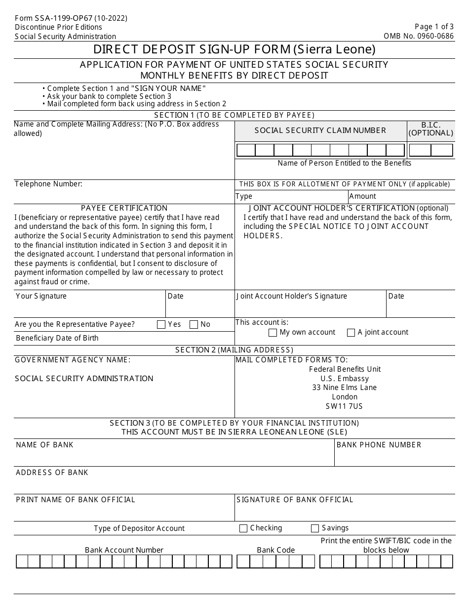 Form SSA-1199-OP67 Direct Deposit Sign-Up Form (Sierra Leone), Page 1