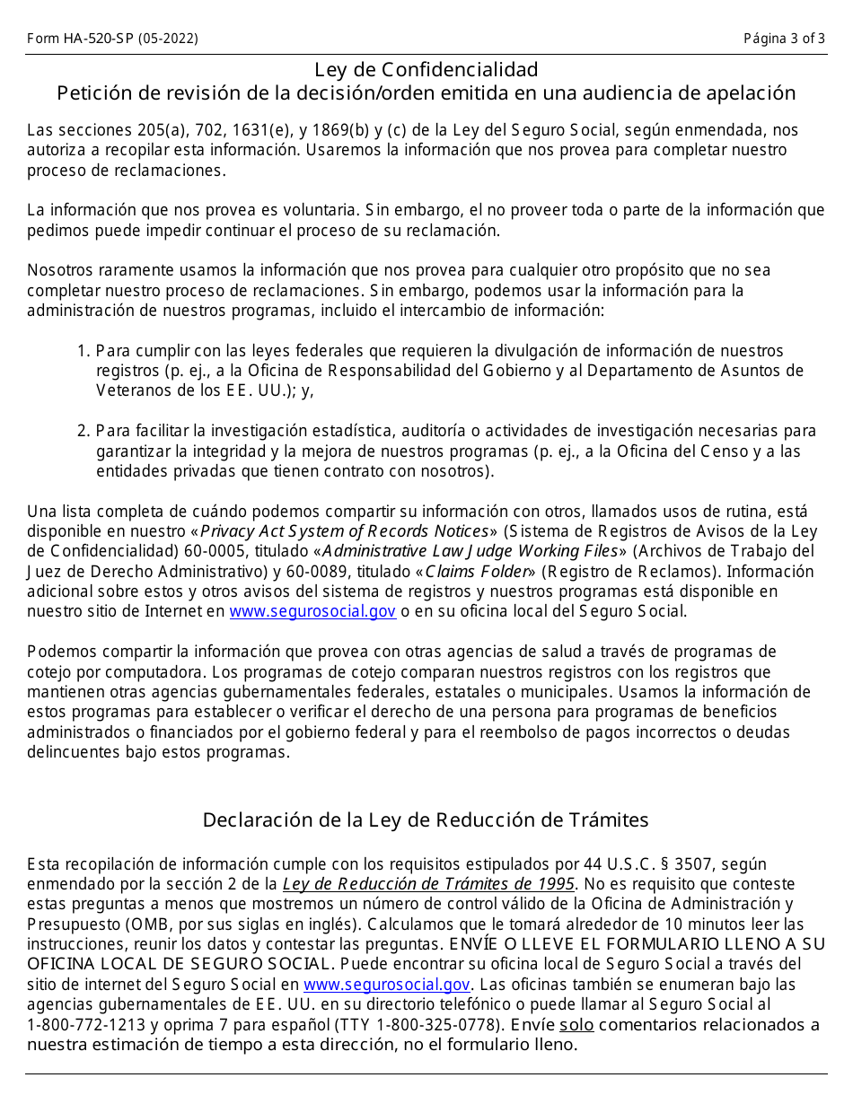 Formulario HA-520-SP Peticion De Revision De La Decision / Orden Emitida En Una Audiencia De Apelacion (Spanish), Page 3