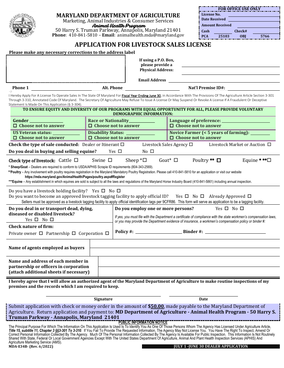 Form MDA E-34B Application for Livestock Sales License - Maryland, Page 1