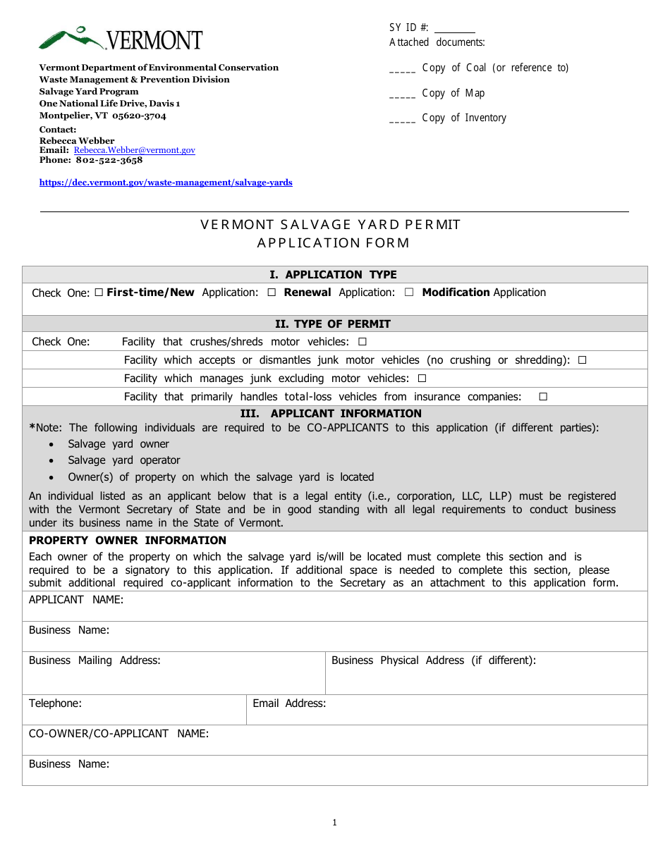 Vermont Salvage Yard Permit Application Form - Vermont, Page 1