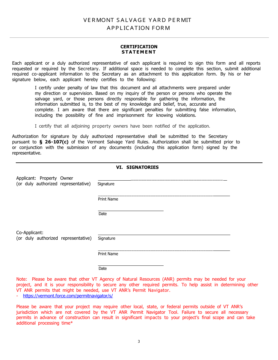 Vermont Salvage Yard Permit Application Form - Vermont, Page 3