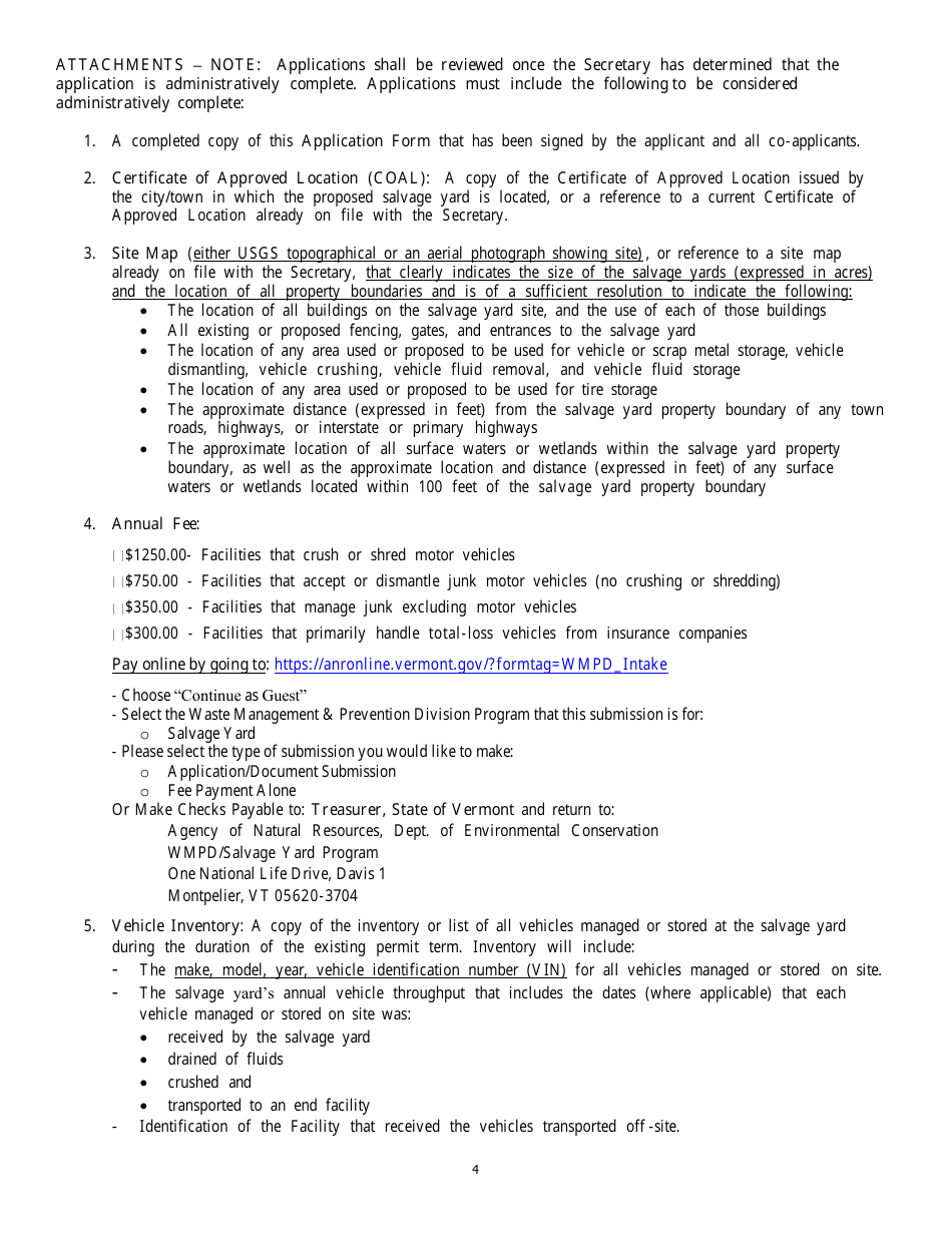 Vermont Salvage Yard Permit Application Form - Vermont, Page 4