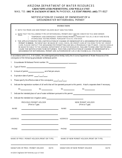 Form 45-520 Notification of Change of Ownership of a Groundwater Withdrawal Permit - Arizona