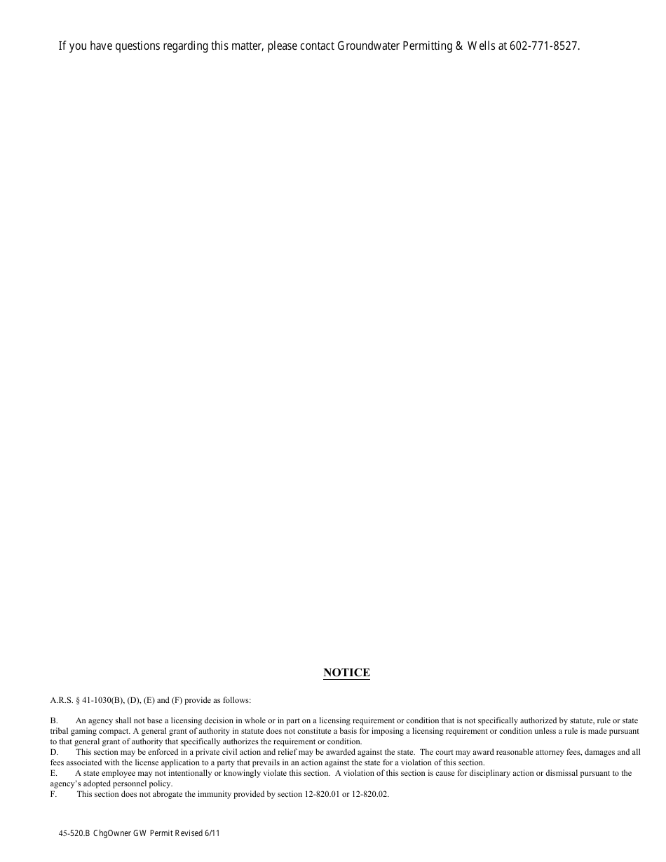 Form 45-520 Notification of Change of Ownership of a Groundwater Withdrawal Permit - Arizona, Page 2