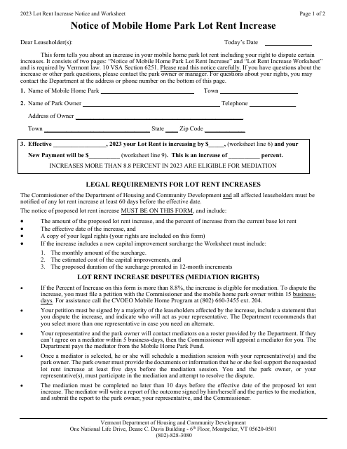 Notice of Mobile Home Park Lot Rent Increase - Vermont, 2023