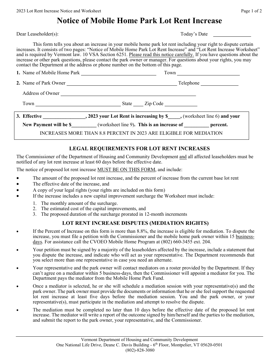 2023-vermont-notice-of-mobile-home-park-lot-rent-increase-fill-out