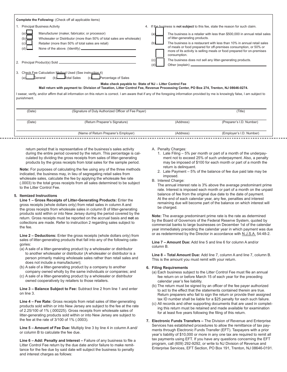 Form LF-5 State of New Jersey Litter Control Fee Return - New Jersey, Page 2