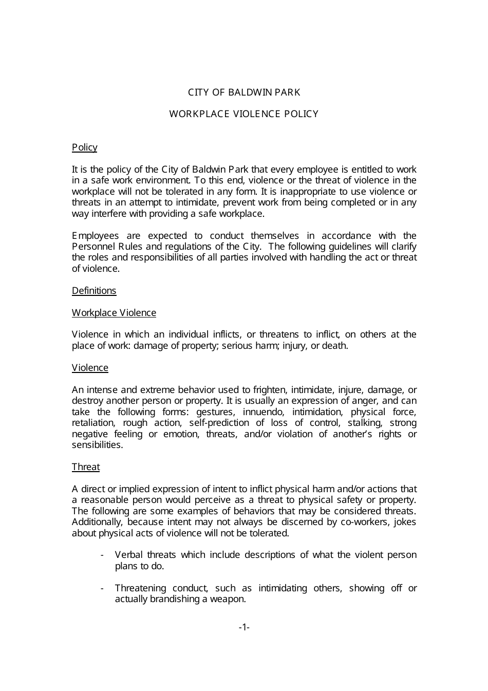 Workplace Violence Policy - City of Baldwin Park, California, Page 1