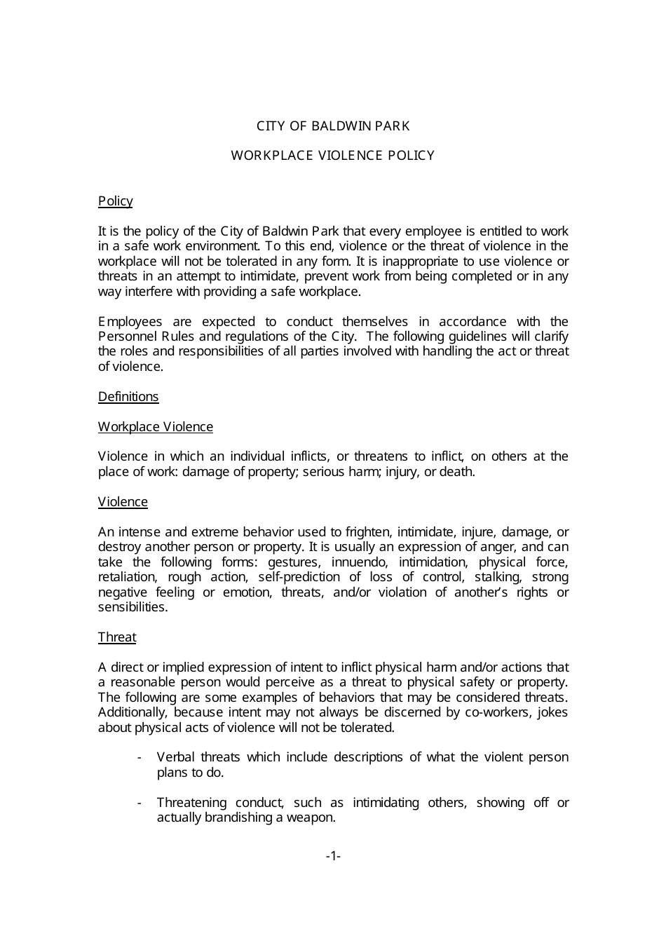 City of Baldwin Park, California Workplace Violence Policy Fill Out