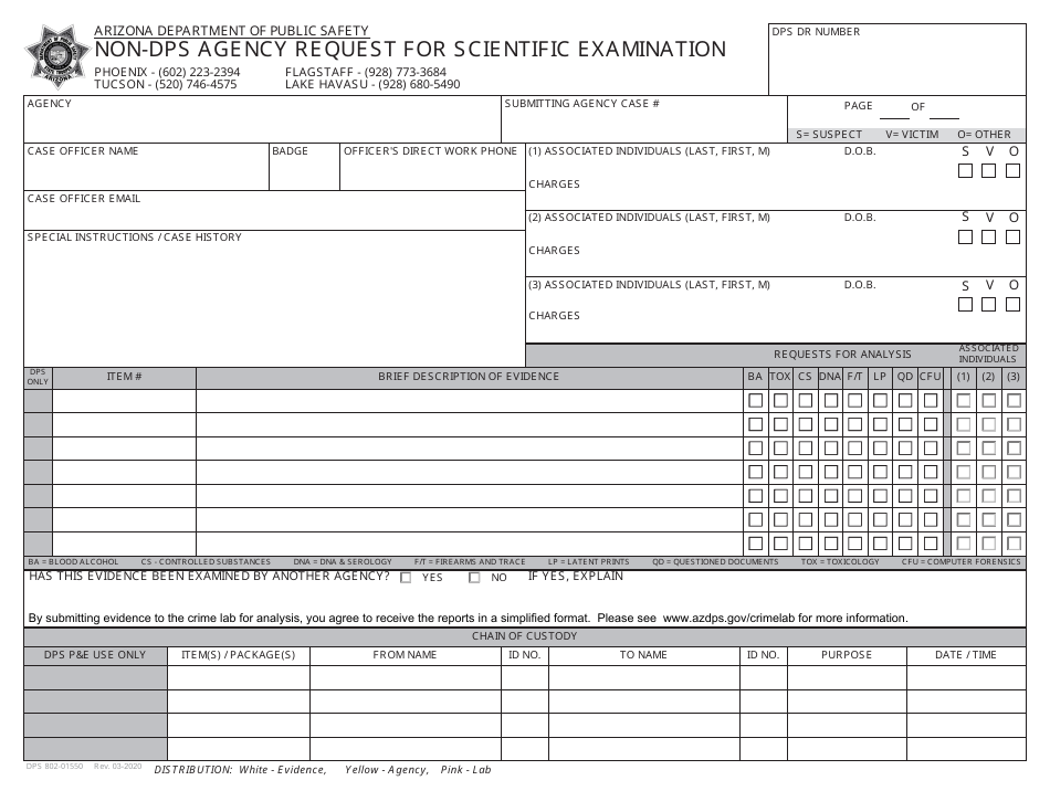 Form DPS802-01550 Non-dps Agency Request for Scientific Examination - Arizona, Page 1