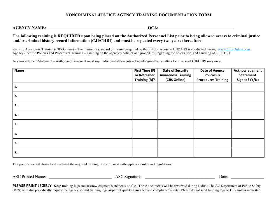 Noncriminal Justice Agency Training Documentation Form - Arizona, Page 1