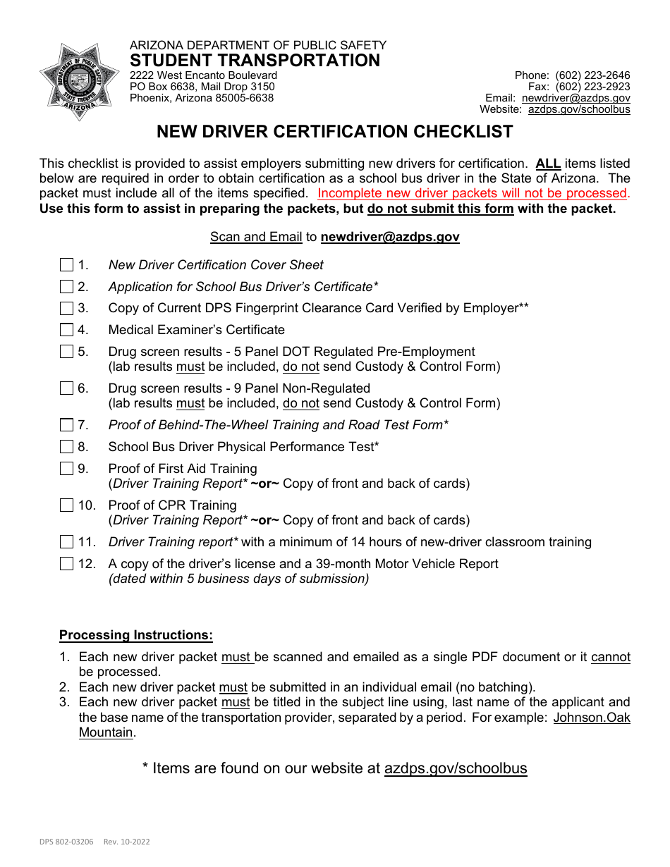 Form DPS802-03206 New Driver Certification Checklist - Arizona, Page 1