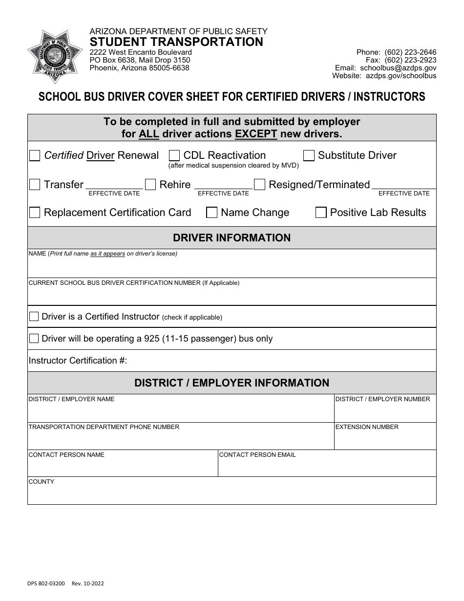 Form DPS802-03200 School Bus Driver Cover Sheet for Certified Drivers / Instructors - Arizona, Page 1
