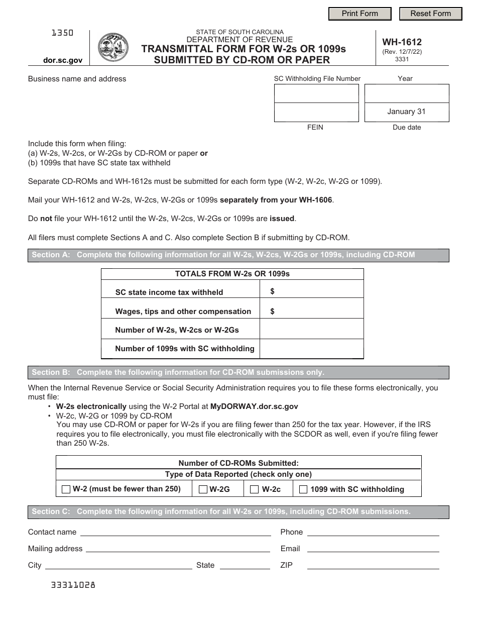 Form WH-1612 Transmittal Form for W-2s or 1099s Submitted by Cd-Rom or Paper - South Carolina, Page 1