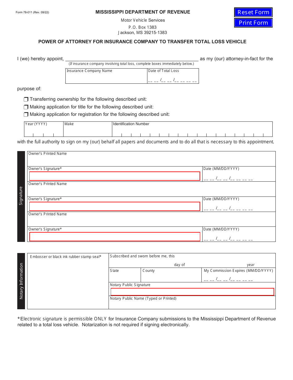 Form 78-011 Power of Attorney for Insurance Company to Transfer Total Loss Vehicle - Mississippi, Page 1