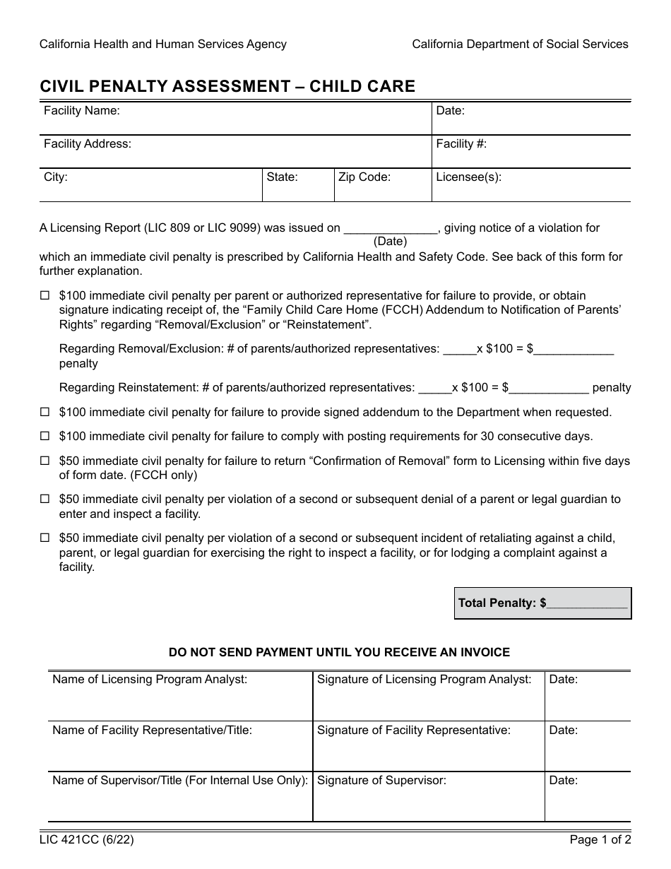 Form LIC421CC Civil Penalty Assessment - Child Care - California, Page 1