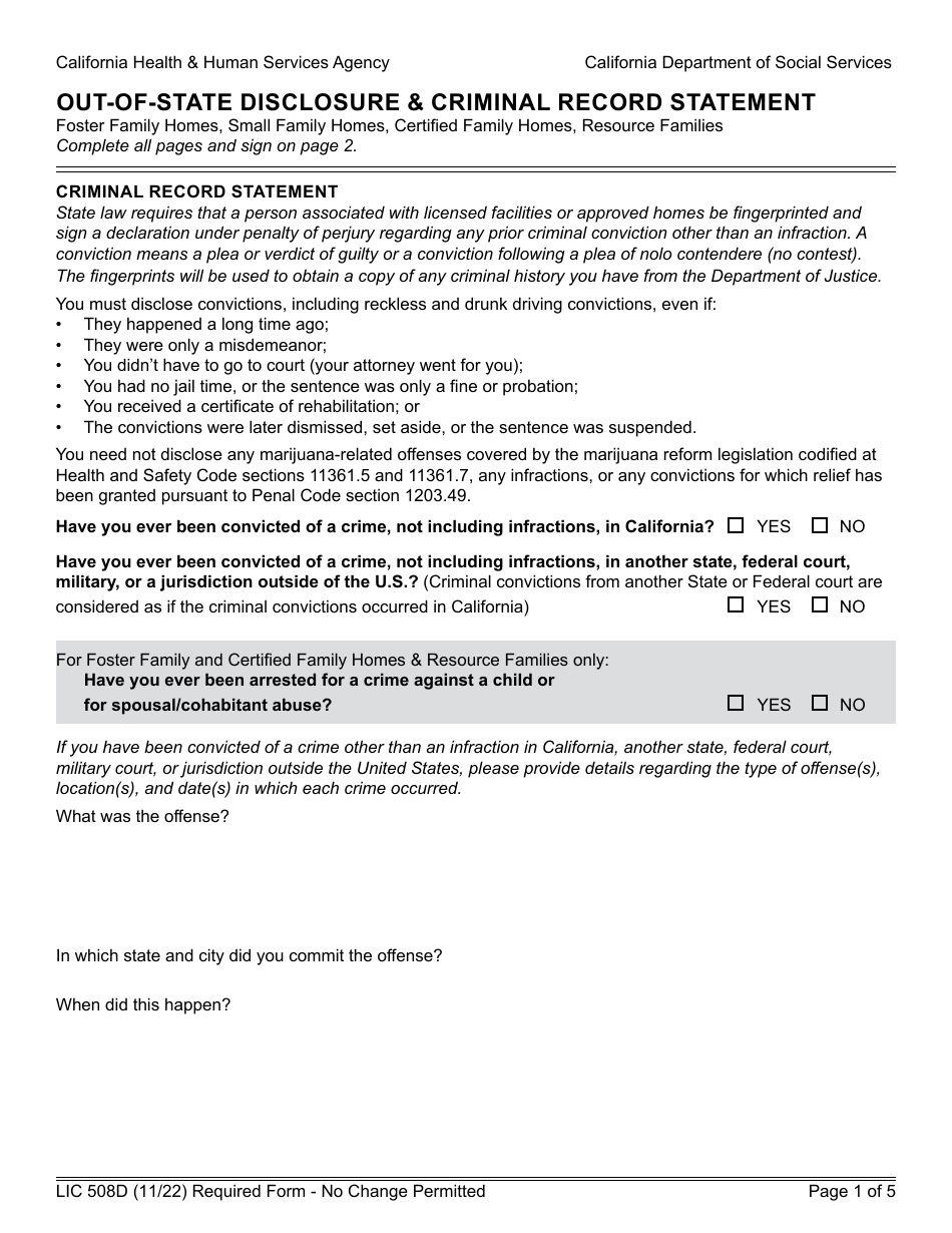 Form Lic508d Download Fillable Pdf Or Fill Online Out Of State Disclosure And Criminal Record 6175