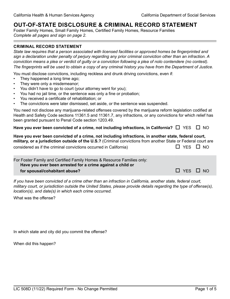 Form LIC508D Out-of-State Disclosure  Criminal Record Statement - California, Page 1