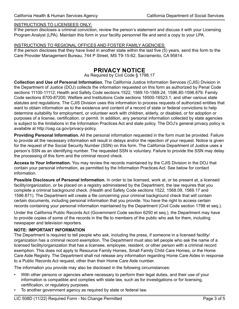 Form LIC508D Out-of-State Disclosure  Criminal Record Statement - California, Page 3