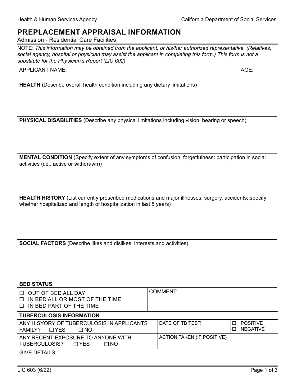 Form LIC603 Preplacement Appraisal Information - California, Page 1