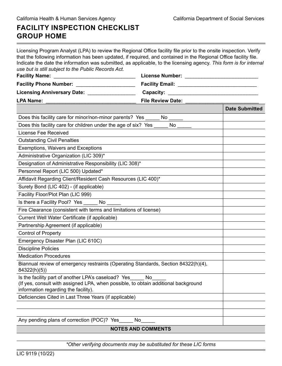 Form LIC9119 Facility Inspection Checklist Group Home - California, Page 1