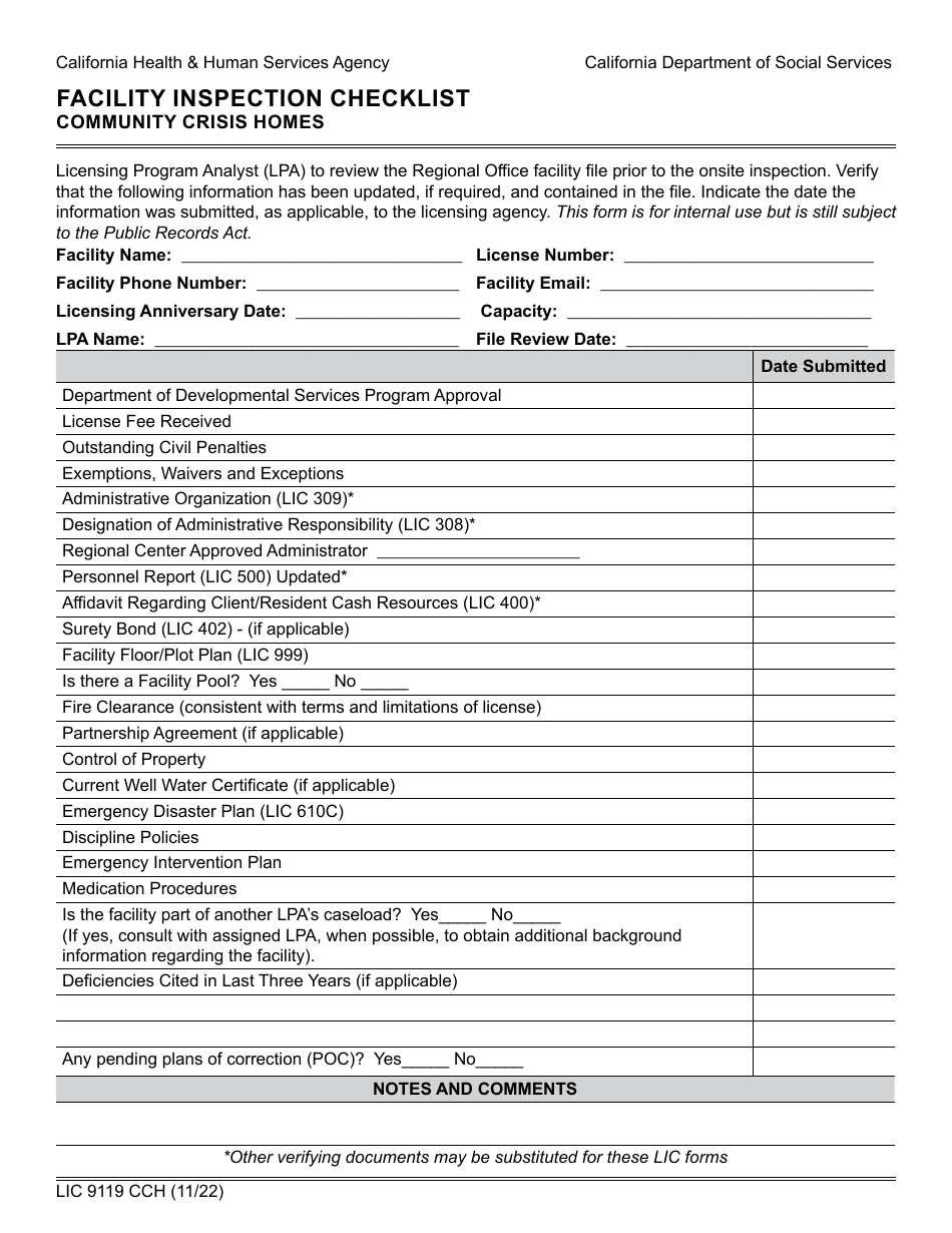 Form LIC9119 CCH Facility Inspection Checklist - Community Crisis Homes - California, Page 1