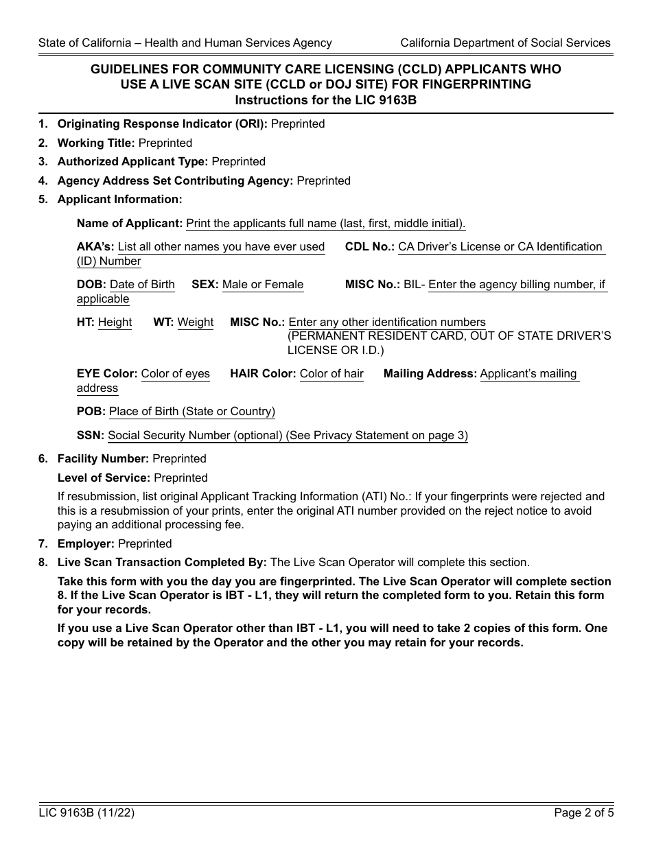 Form LIC9163B Request for Live Scan Service - Long Term Care Ombudsman - California, Page 2