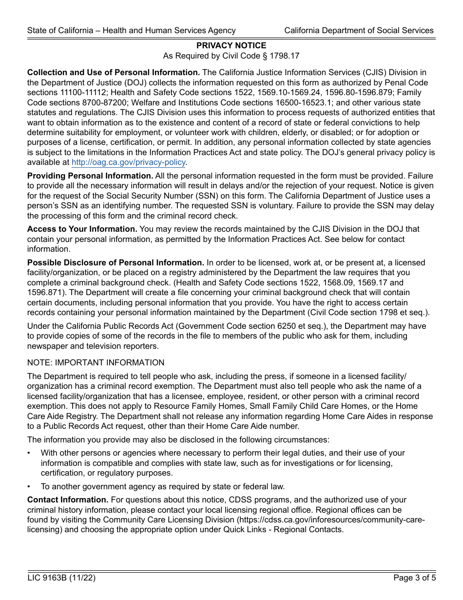 Form LIC9163B Request for Live Scan Service - Long Term Care Ombudsman - California, Page 3
