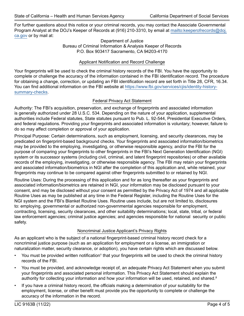 Form LIC9163B Request for Live Scan Service - Long Term Care Ombudsman - California, Page 4