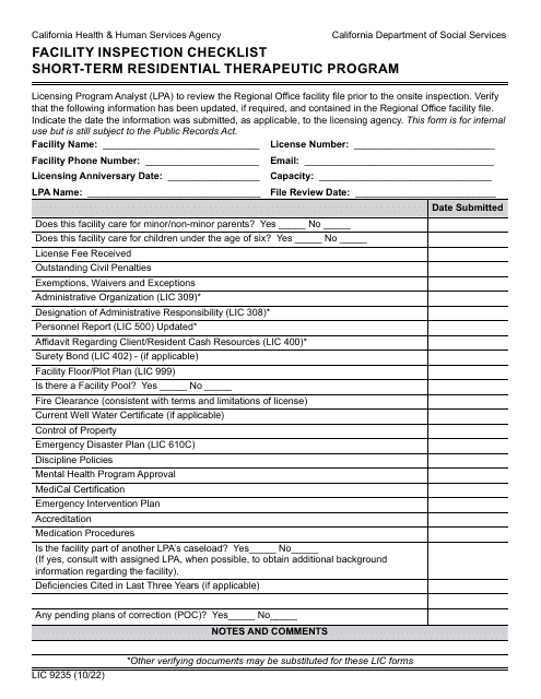 Form LIC9235 Facility Inspection Checklist Short-Term Residential Therapeutic Program - California
