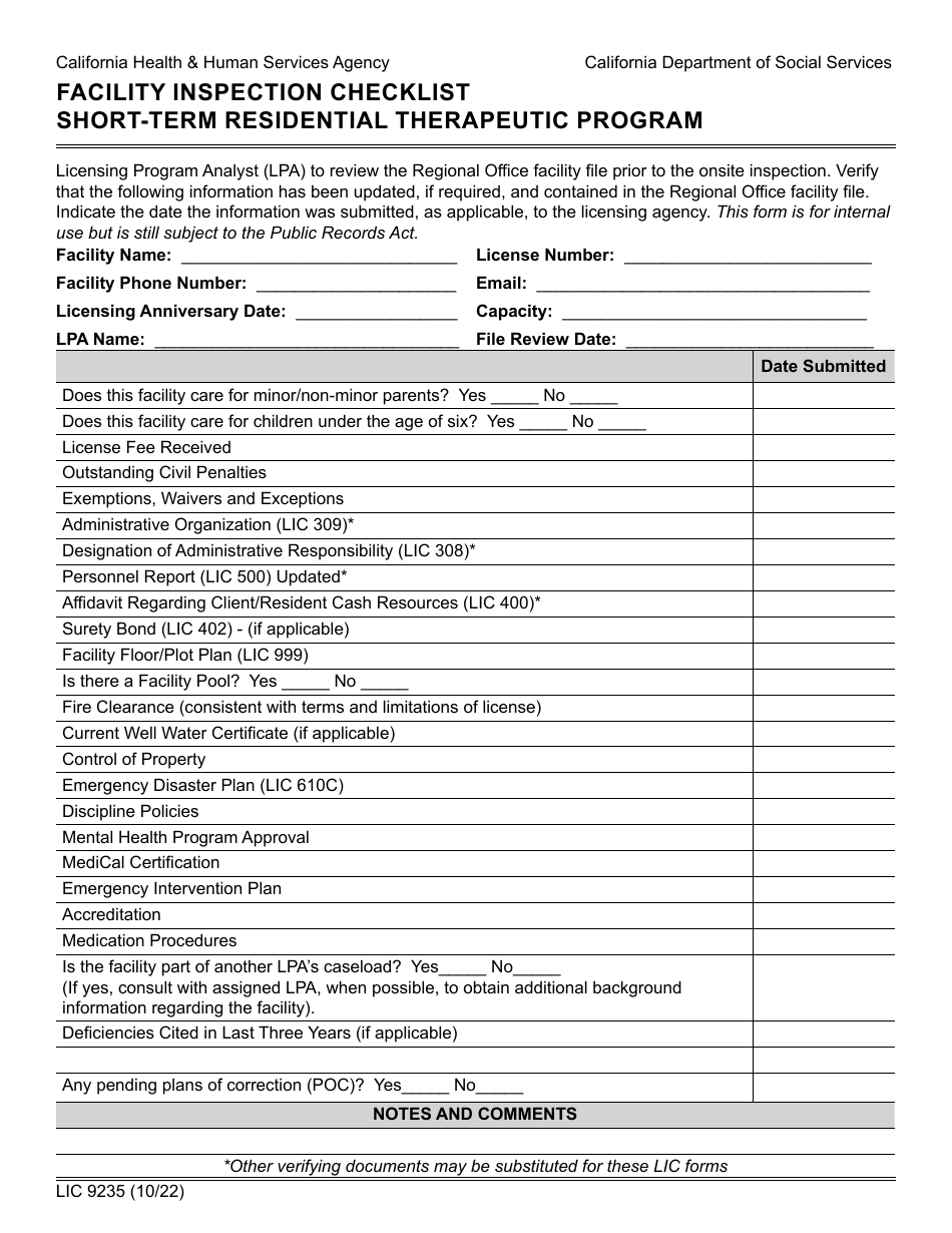 Form LIC9235 Facility Inspection Checklist Short-Term Residential Therapeutic Program - California, Page 1