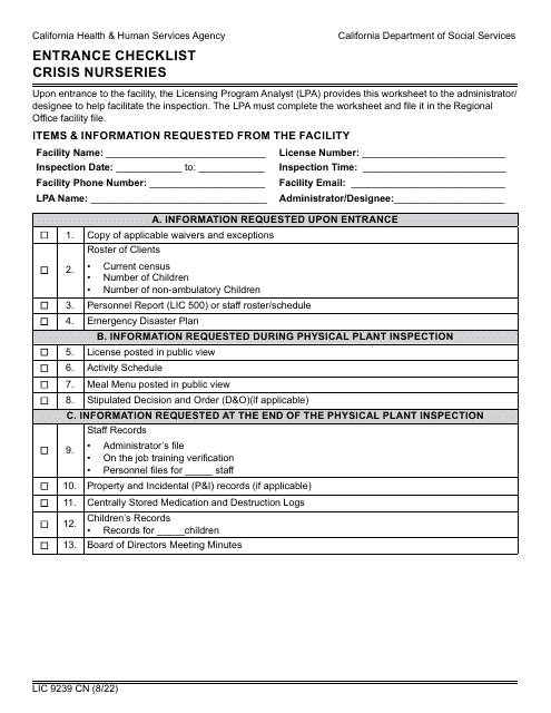 Form LIC9239 CN  Printable Pdf