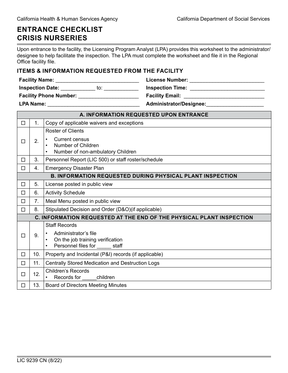 Form LIC9239 CN Entrance Checklist - Crisis Nurseries - California, Page 1