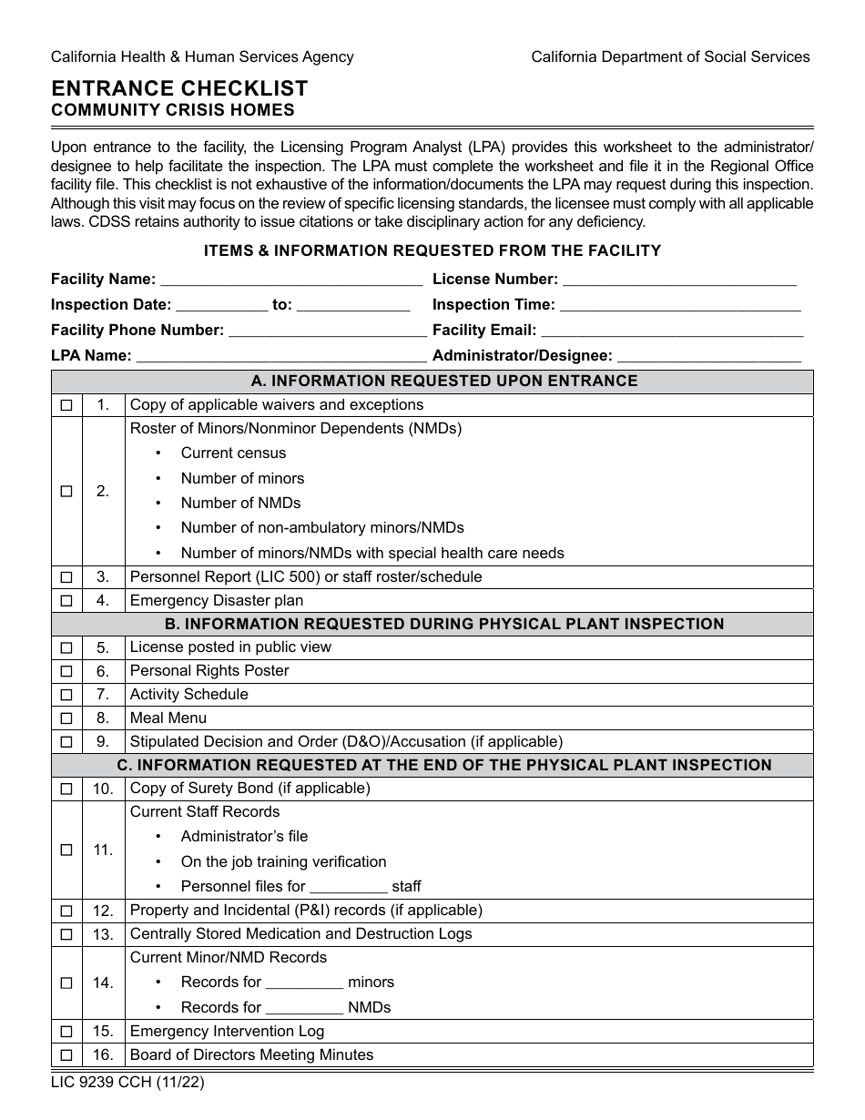 Form LIC9239 CCH Entrance Checklist - Community Crisis Homes - California, Page 1
