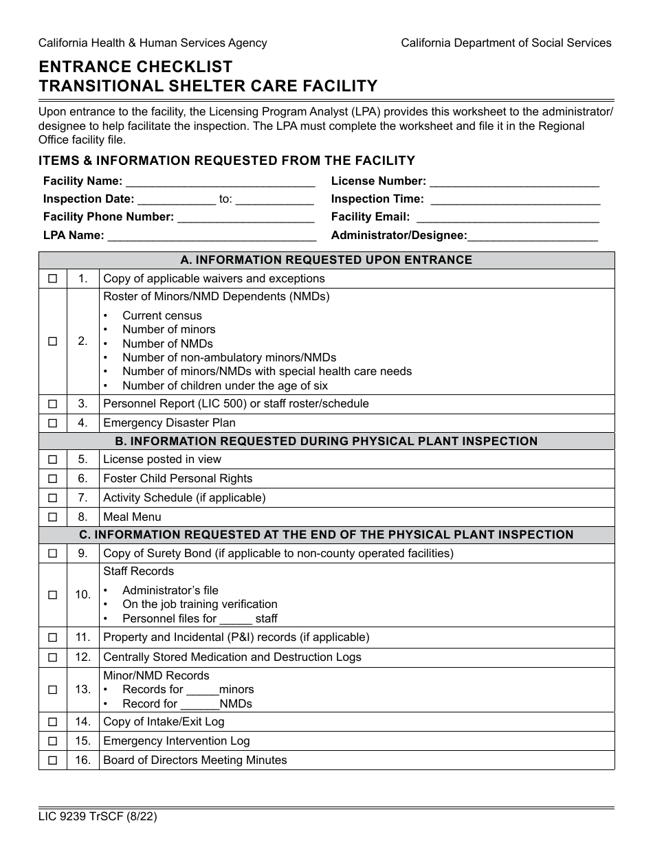 Form LIC9239 TRSCF Entrance Checklist Transitional Shelter Care Facility - California, Page 1
