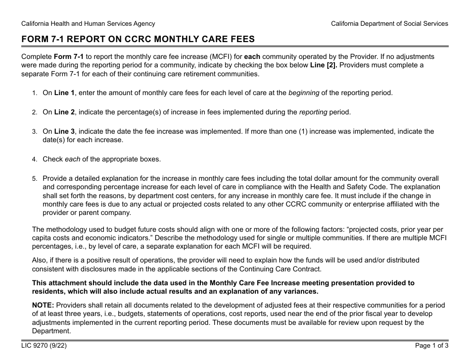 Form 7-1 (LIC9270) Report on Ccrc Monthly Care Fees - California, Page 1