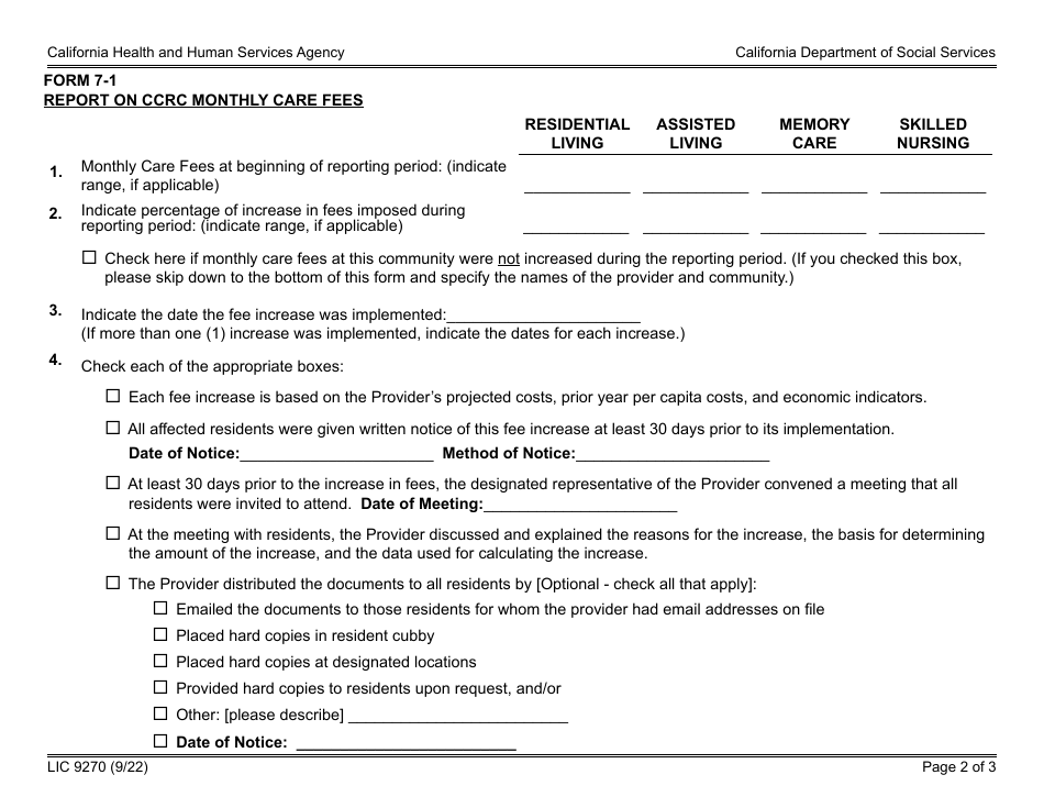 Form 7-1 (LIC9270) Report on Ccrc Monthly Care Fees - California, Page 2