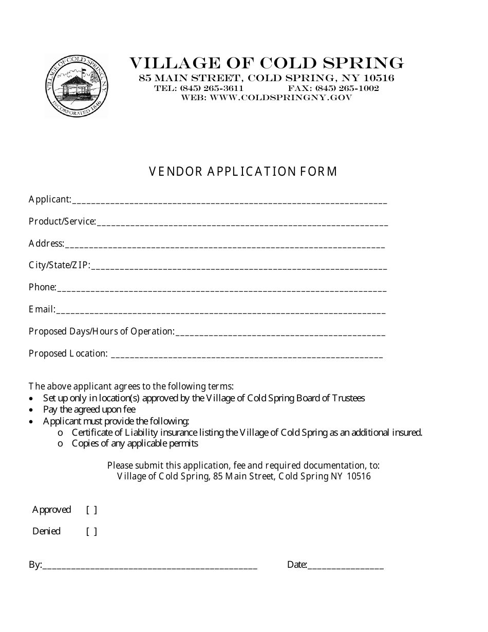 Vendor Application Form - Village of Cold Spring, New York, Page 1