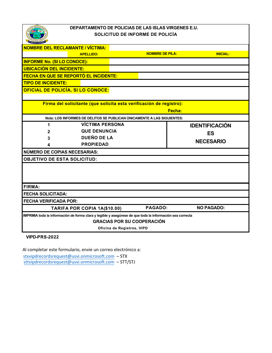 Formulario VIPD-PRS Solicitud De Informe De Policia - Virgin Islands (Spanish), Page 1
