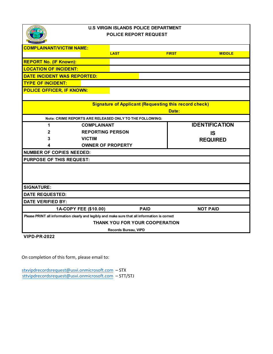 Form VIPD-PR Police Report Request - Virgin Islands, Page 1