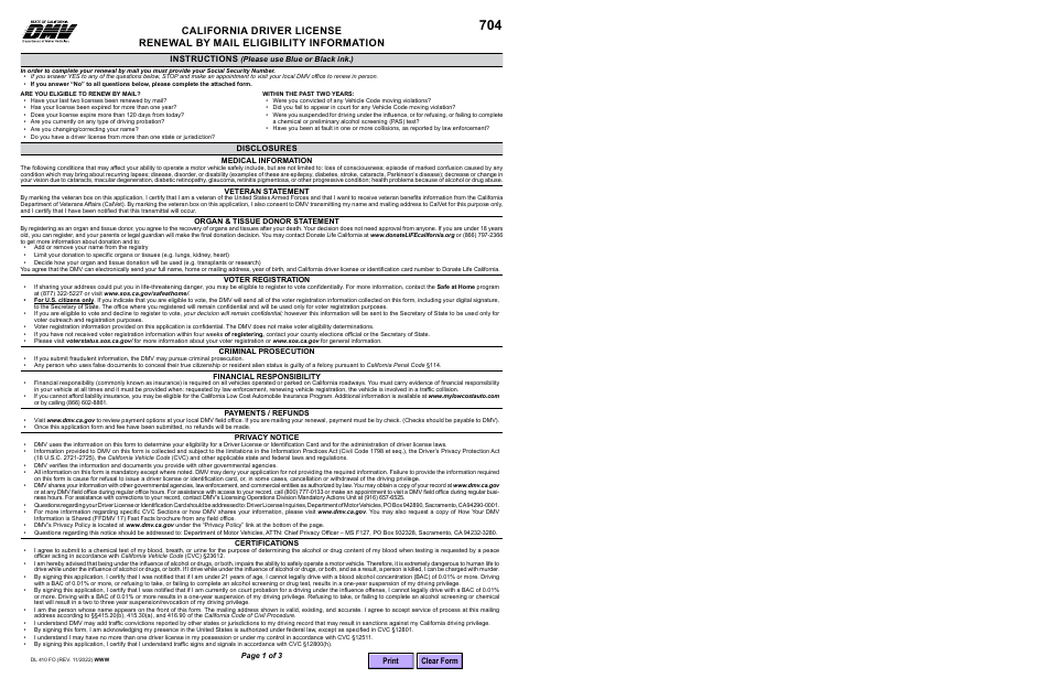 Form DL410 FO California Driver License Renewal by Mail Eligibility Information - California, Page 1