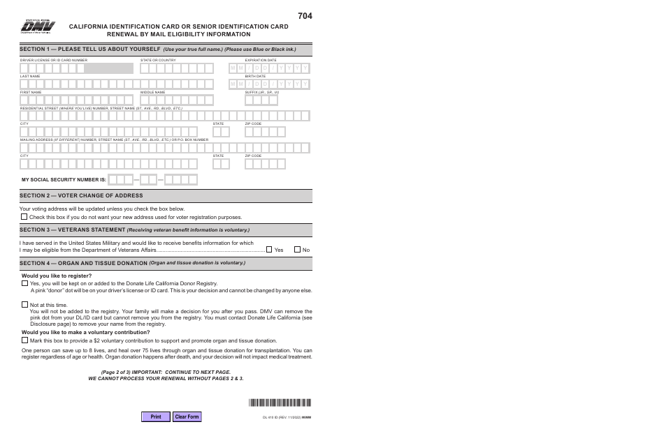 Form DL410 ID California Identification Card or Senior Identification Card Renewal by Mail Eligibility Information - California, Page 2