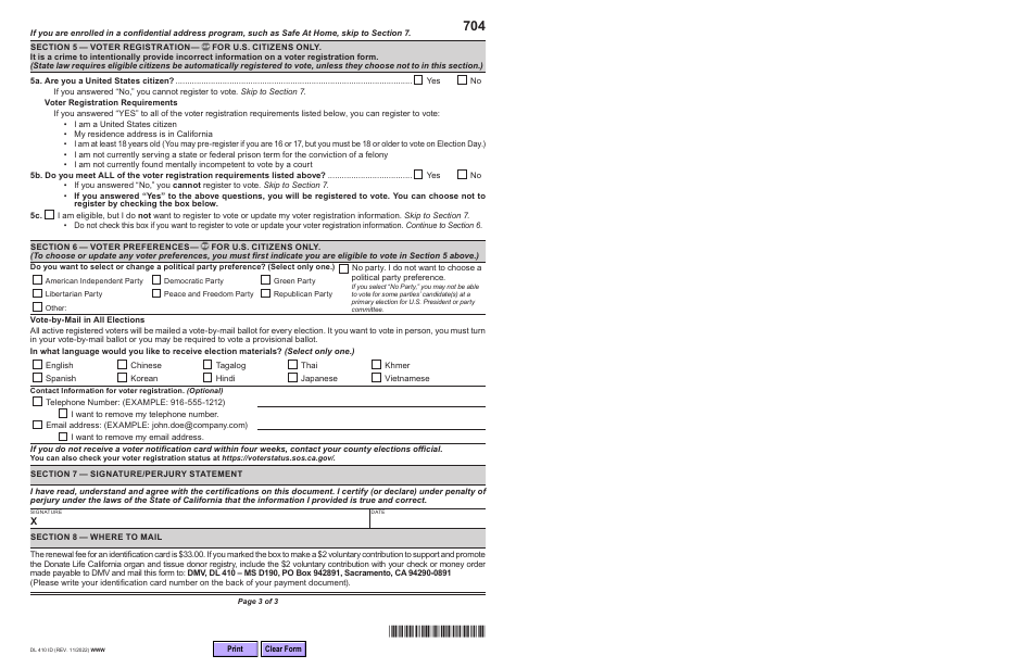 Form DL410 ID California Identification Card or Senior Identification Card Renewal by Mail Eligibility Information - California, Page 3