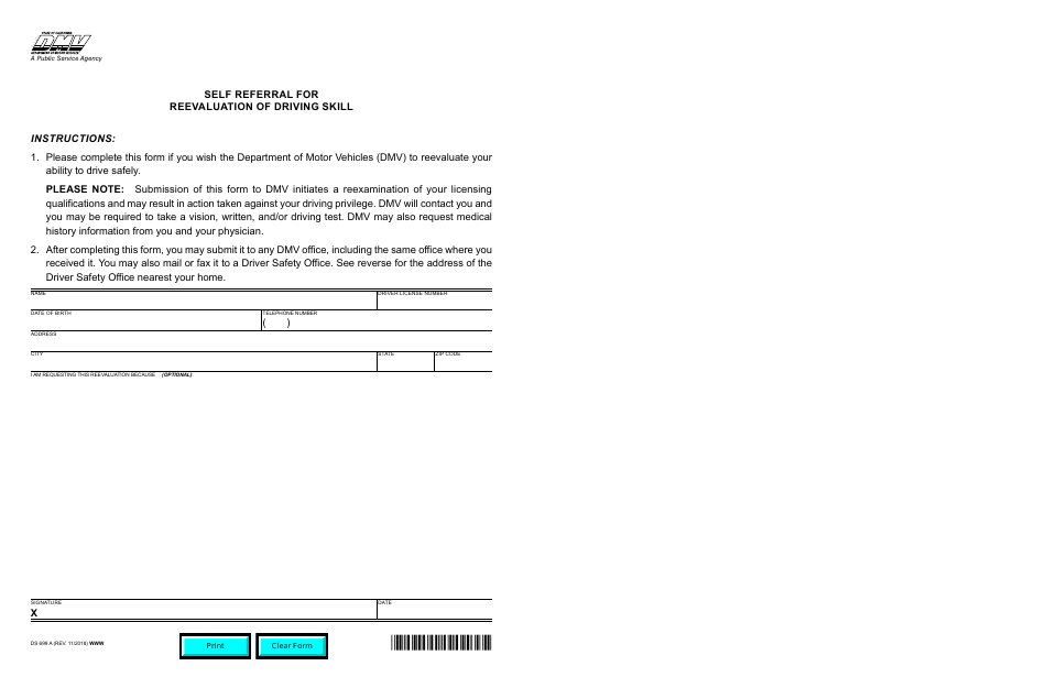 Form DS699 A Self Referral for Reevaluation of Driving Skill - California, Page 1