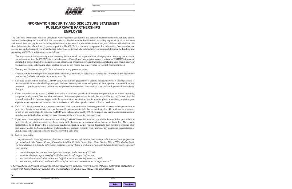 Form EXEC200 X Information Security and Disclosure Statement Public / Private Partnerships Employee - California, Page 1