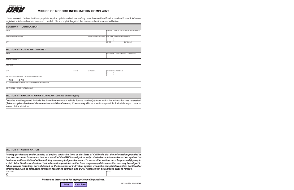 Form INF1164 Misuse of Record Information Complaint - California, Page 2