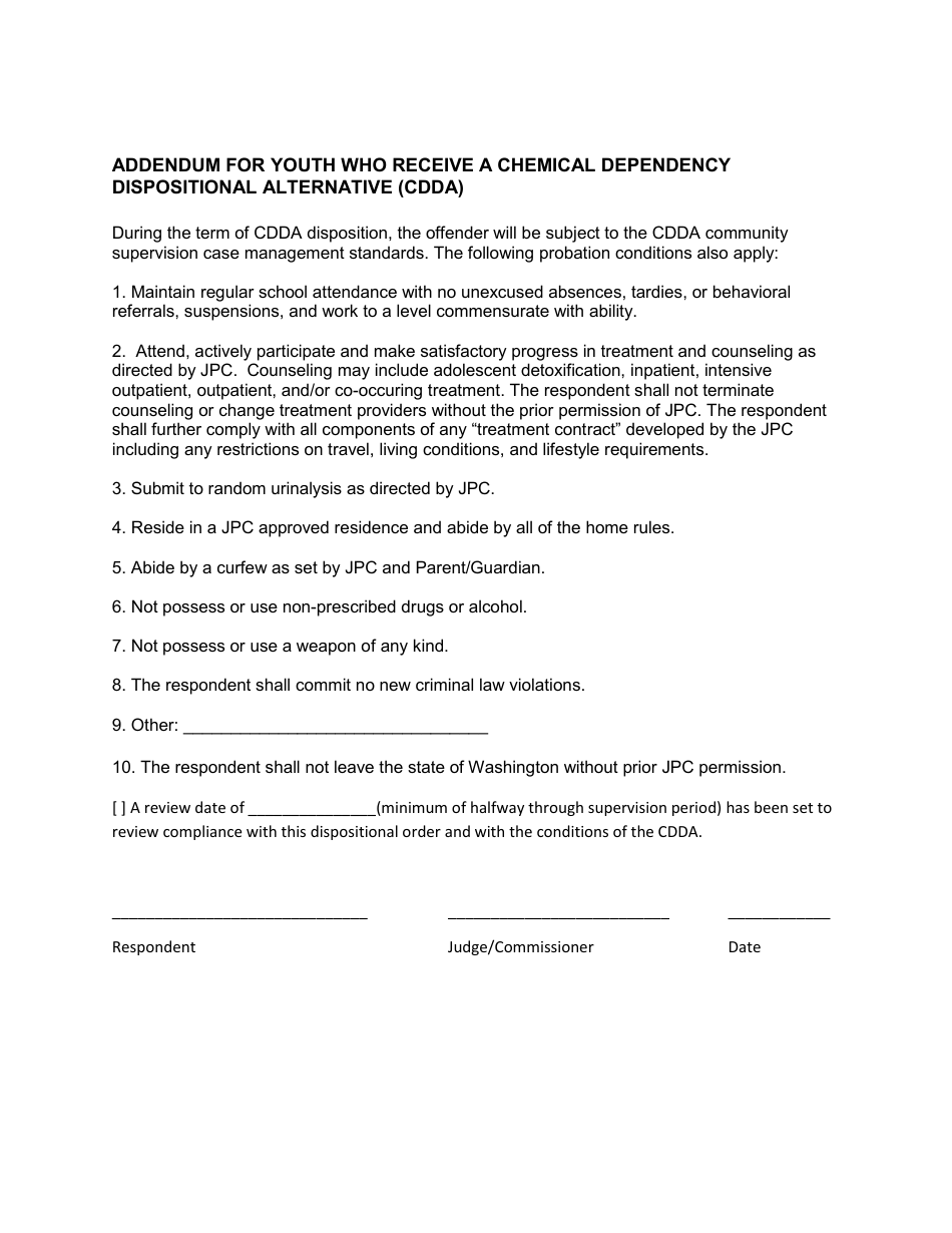Addendum for Youth Who Receive a Chemical Dependency Dispositional Alternative (Cdda) - King County, Washington, Page 1