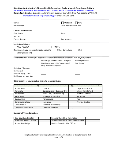 Arbitrator's Biographical Information, Declaration of Compliance & Oath - King County, Washington Download Pdf
