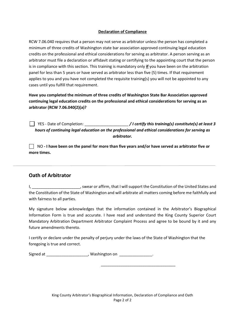 Arbitrators Biographical Information, Declaration of Compliance  Oath - King County, Washington, Page 2